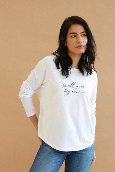 "Small Acts" Original Ribbed Long Sleeve Tee Cursive Front