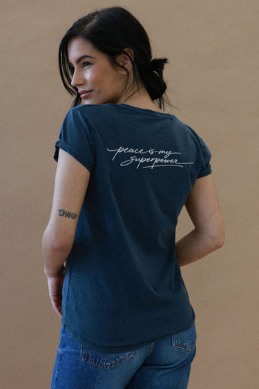 "Peace" Roll With It Tee Cursive Back