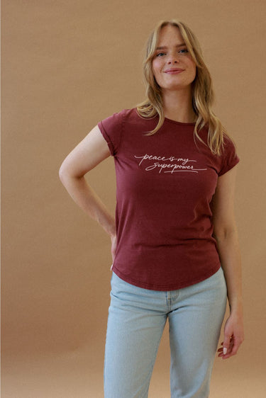 "Peace" Roll With It Tee Cursive Front