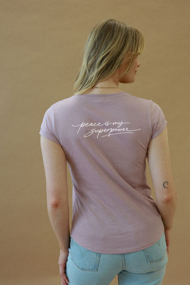 "Peace" Roll With It Tee Cursive Back