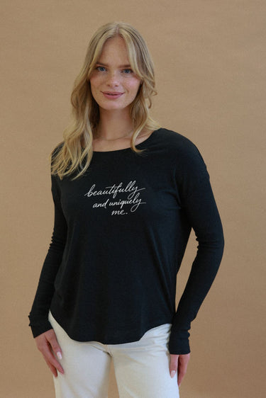 "Uniquely me" Original Ribbed Long Sleeve Tee Cursive Front