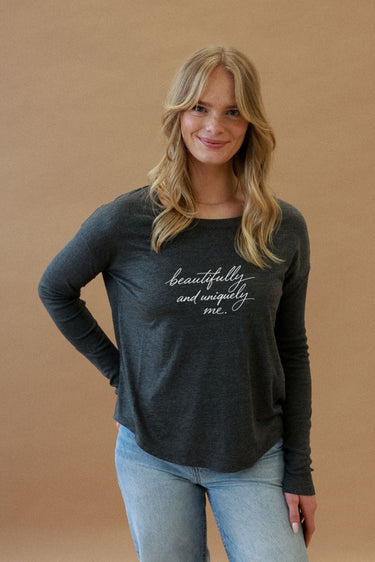 "Uniquely me" Original Ribbed Long Sleeve Tee Cursive Front