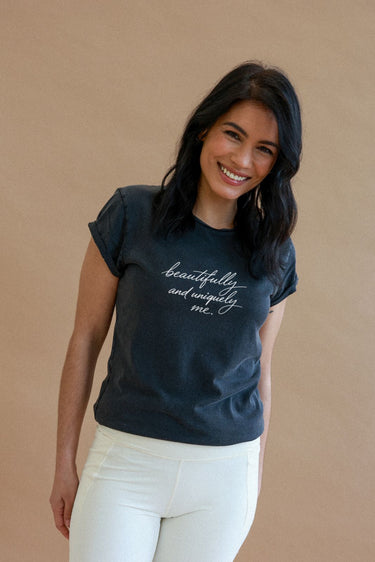 "Uniquely Me" Roll With It Tee Cursive Front