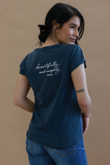"Uniquely me" Roll With It Tee Cursive Back