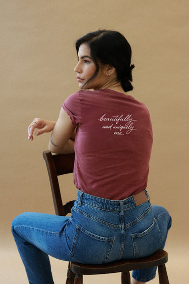 "Uniquely me" Roll With It Tee Cursive Back