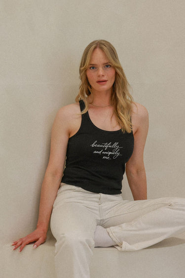 "Uniquely me" Racerback Cursive Front