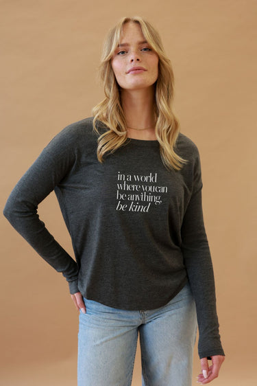 "Be Kind" Contemporary Original Ribbed Long Sleeve Tee Front