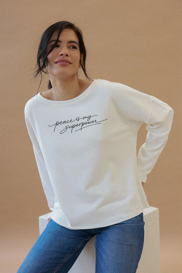 "Peace" Perfect Pullover Cursive Front