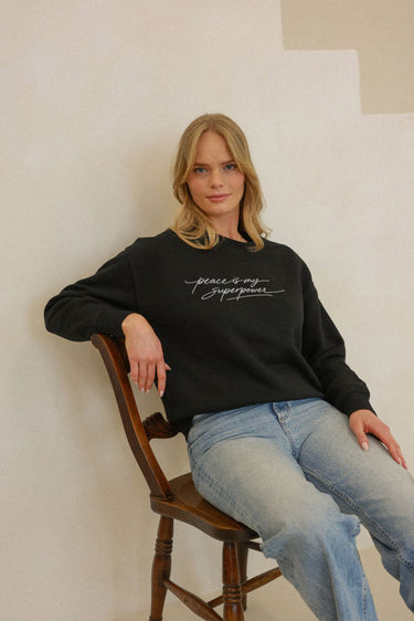 "Peace" Slumber Sweater Cursive Front