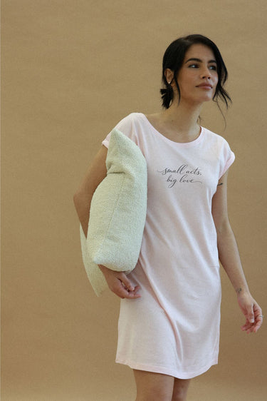 "Small Acts" Bed Tee Front Cursive