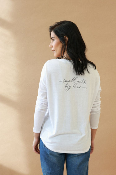 "Small Acts" Original Ribbed Long Sleeve Tee Cursive Back