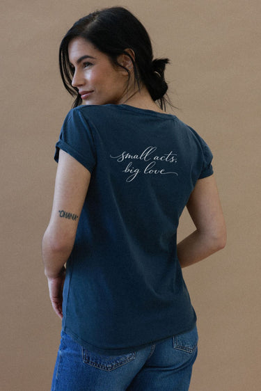 "Small Acts" Roll With It Tee Cursive Back