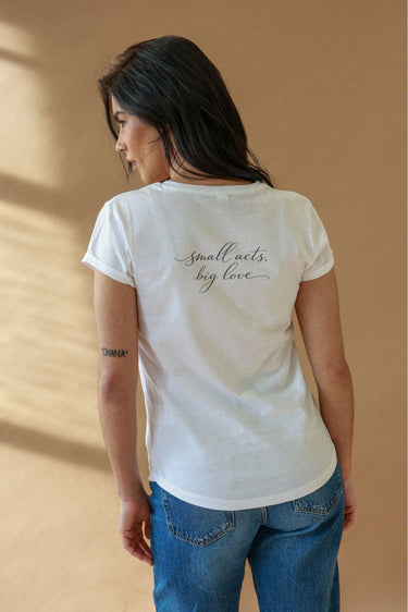 "Small Acts" Roll With It Tee Cursive Back