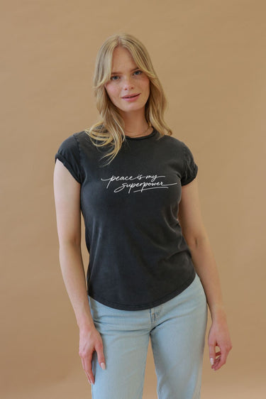 "Peace" Roll With It Tee Cursive Front