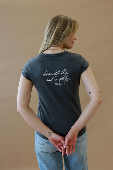 "Uniquely me" Roll With It Tee Cursive Back