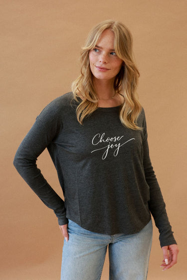 "Joy" Original Ribbed Long Sleeve Tee Cursive Front