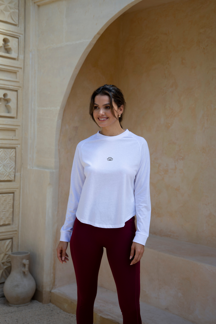 Embroidered Lotus Cross Back Long Sleeve T-Shirt