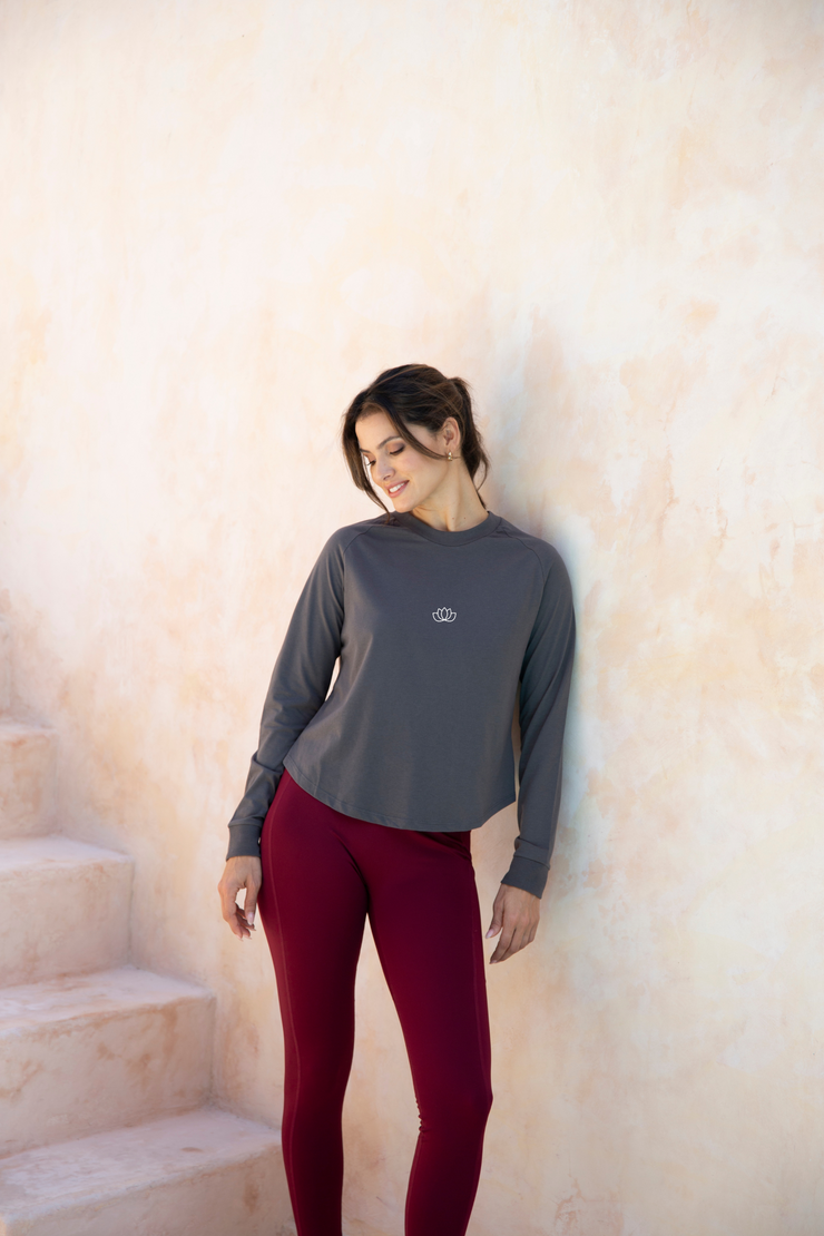 Embroidered Lotus Cross Back Long Sleeve T-Shirt