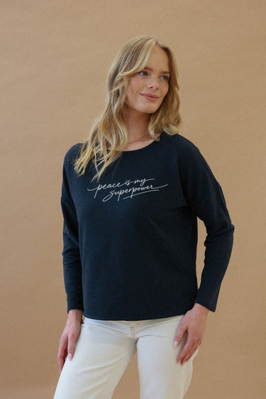 "Peace" Perfect Pullover Cursive Front