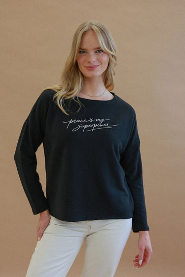 "Peace" Perfect Pullover Cursive Front