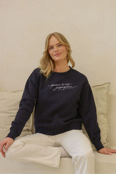 "Peace" Slumber Sweater Cursive Front