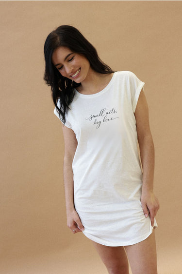 "Small Acts" Bed Tee Front Cursive