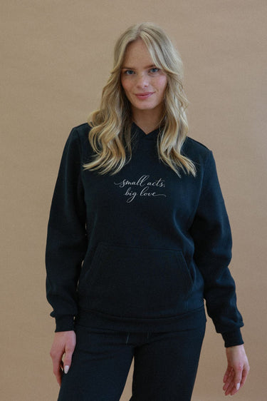 "Small Acts" Cloud Hoodie Cursive Front