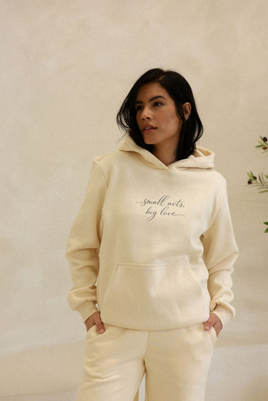 "Small Acts" Cloud Hoodie Cursive Front